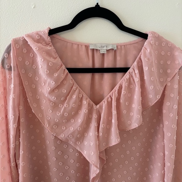 Loft, Light Pink Ruffle Blouse, Size Large Petite - Picture 2 of 5